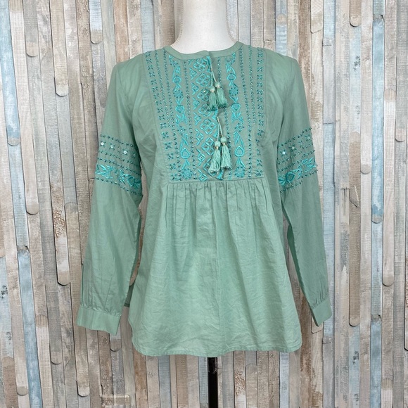 Soft Surroundings Tops - Soft Surroundings XS Embroidered Sequined Tassel Picturesque Blouse Top Boho